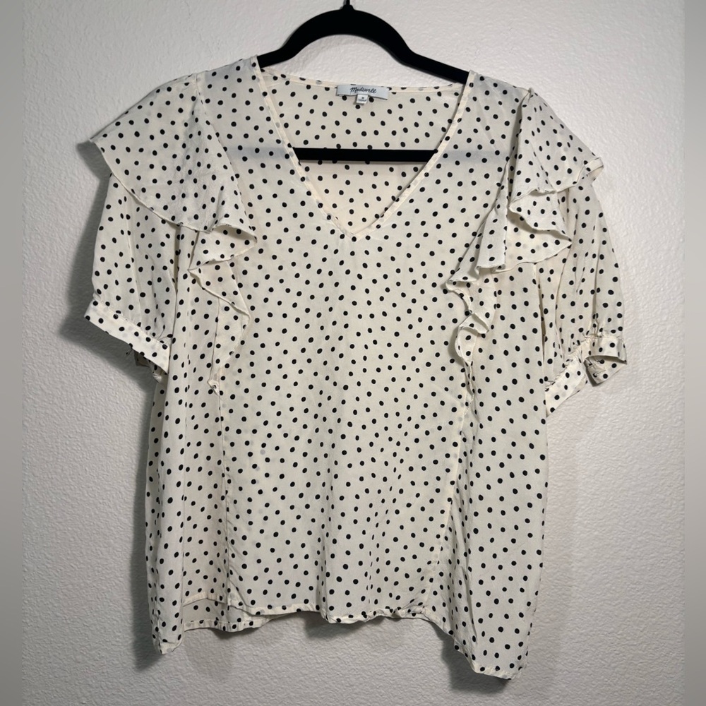 Madewell Silk V-Neck Cream and Black Ruffled Short Sleeve Blouse Sz M